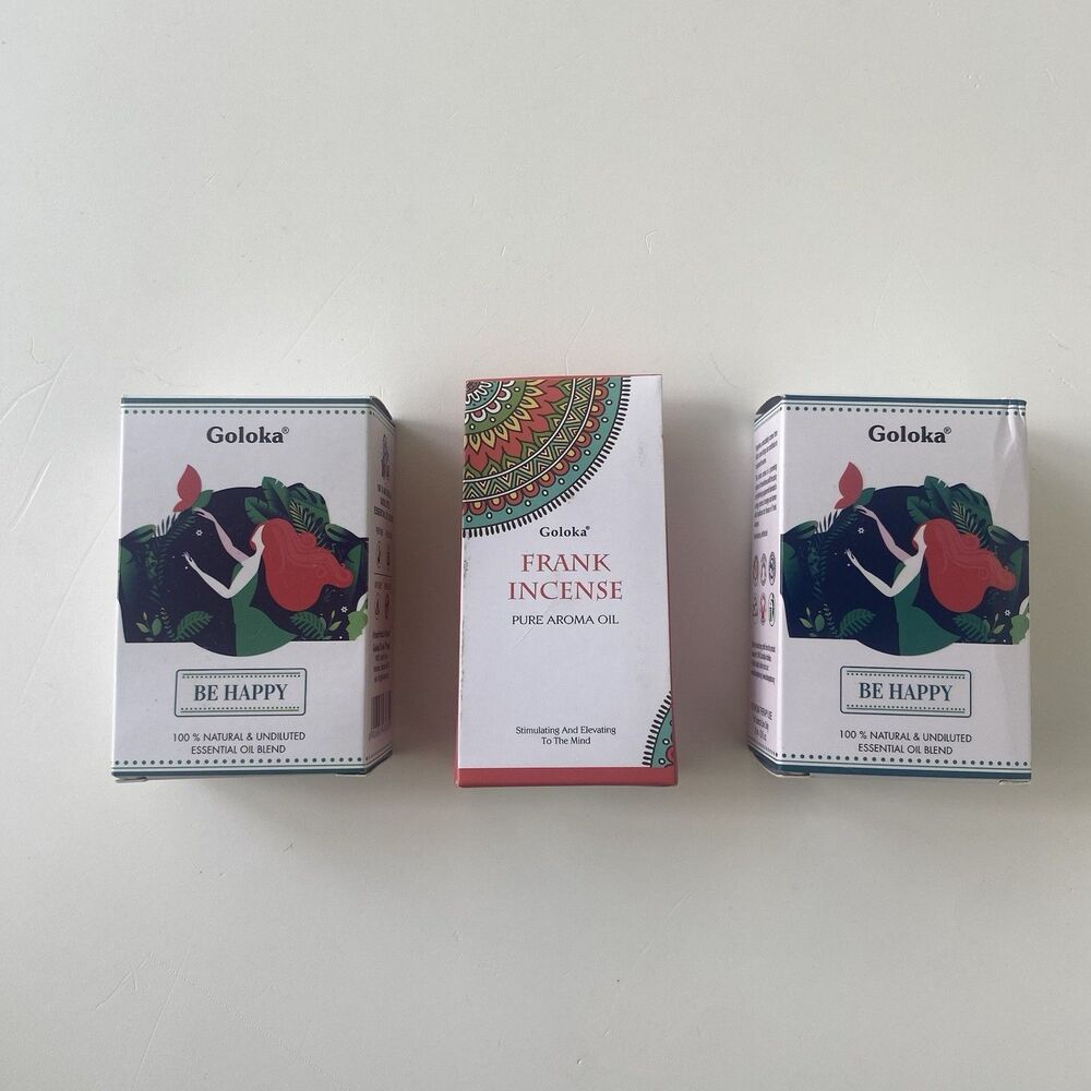 3PCS Goloka Pure Essential Oil Blend: Frankincense & Be Happy Natural Undiluted